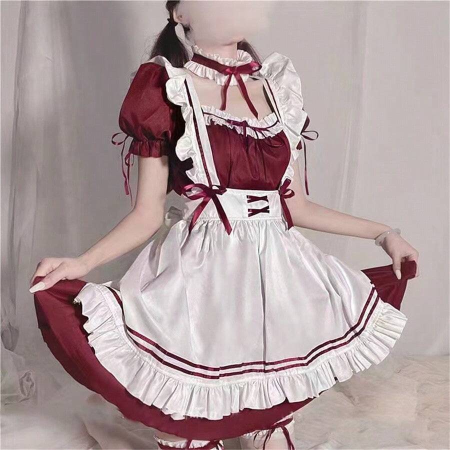 6 件女式女僕裝,cos 角色扮演服裝,可愛學生裝,適合動漫迷 - 酒紅色6件套裝 - 查看 1