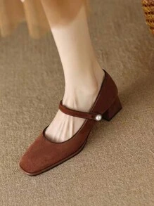 女復古方頭瑪莉珍鞋帶扣帶,法式專業粗跟高跟鞋 - 棕色 - 查看 1
