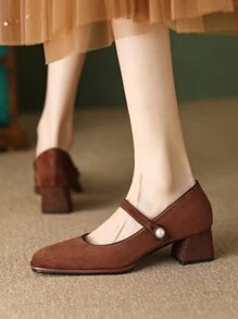 女復古方頭瑪莉珍鞋帶扣帶,法式專業粗跟高跟鞋 - 棕色 - 查看 2