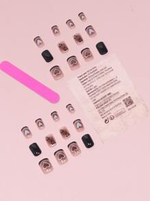 Get Glamorous With 24pcs Short Square Black Blush French Heart Pattern Fake Nail & 1pc Nail File & 1sheet Tape Press On Nails Nail Supplies - Black and White - View 3