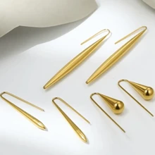 不銹鋼橢圓形水滴勾式耳環 - 金色 - 查看 2