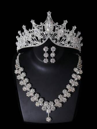1 Set de Accesorios Nupciales - Corona Clásica y Elegante, Collar Brillante, Aretes (4 piezas), Conjunto de Joyería de Boda, Adecuado para Vestido de Novia, Ceremonia, Fiesta