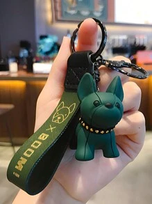 1入法國鬥牛犬設計鑰匙扣,可愛卡通動物設計,情侶情人節禮物,學生背包吊飾 - 墨綠色 - 查看 1