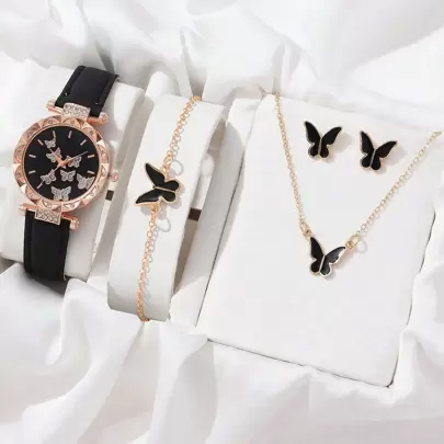 6 件套哑光皮革表带手表 + 蝴蝶手链套装，适合生日、万圣节、礼物（无盒）