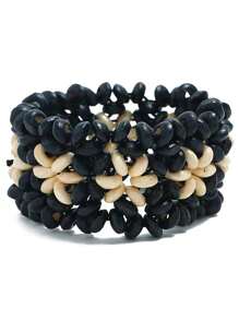 1入手工多層花形木珠編織手鍊,男女皆宜歐式復古朋克情侶手鍊 - 黑色 - 查看 5