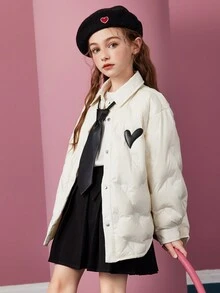Tween Girl Heart Pattern Button Up Padded Coat - White - View 6