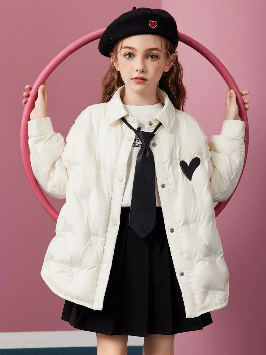 Tween Girl Heart Pattern Button Up Padded Coat - White - View 1
