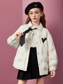 Tween Girl Heart Pattern Button Up Padded Coat - White - View 3