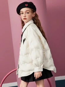 Tween Girl Heart Pattern Button Up Padded Coat - White - View 7