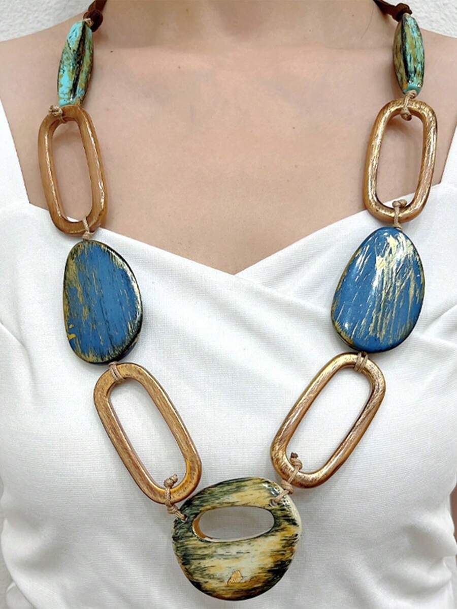A Stylish Long Vintage Necklace For Women Colorful Resin Boho Style Jewelry - Multicolor - View 1