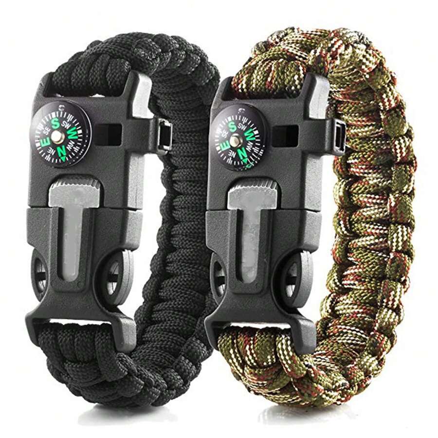 1pc Outdoor 4 In 1 Escape & Climbing Parachute Cord Bracelet With Whistle, Survival Compass, And Instructions. (No Flint Included) Camping Stuff - Multicolor - View 1