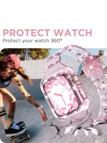 2-In-1 Glitter Bling Slim Crystal Transparent Sports Watch Band With Bumper Case Compatible With Apple Watch Band 38mm 40mm 41mm 42mm 44mm 45mm 46mm 49mm, Bezel Wristband Suitable For Apple Watch 11/10/9/8/7/6/5/4/3/2/1/SE Ultra Women/Men, Watch Screen Not Included - Pink - View 4