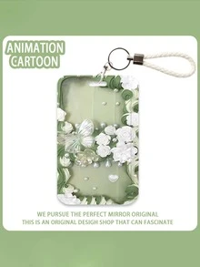 1pc Flower Pattern Card Holder For Student Id, Meal Card, Metro Card, Bus Card, Kindergarten Pick-Up Card, Etc. - Green - View 1