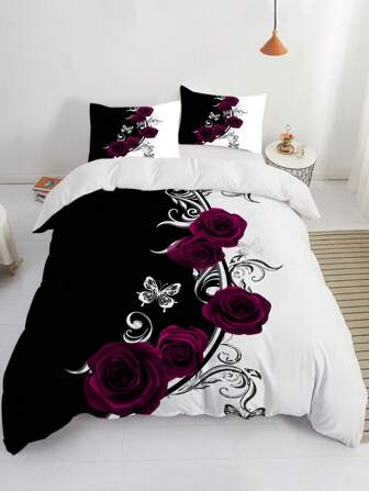 3pcs Luxury Duvet Cover Set, Purple Rose Bedding, Black And White Duvet Cover Set, Rose Butterfly Printing, Soft Black And White Boy And Girl Bedding Set, 1 Duvet Cover With 2 Pillowcase (Without Core)