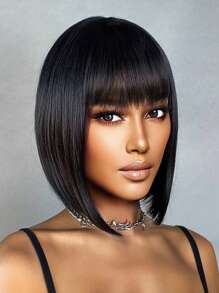 Haircube 12 吋女式短直髮假髮,酒紅色酒紅色和黑色多彩合成假髮,搭配瀏海鮑伯假髮,適合日常生活和派對。