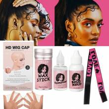 6 pcs wax stick wig tool set, 1 pc 2.7fl.oz  wax stick, 1fl.oz wig glue 1.3fl.oz  remover glue , 2 pcs hd wig caps, 1 pc wig elastic band  Christmas pink gift box set - 75g - View 1