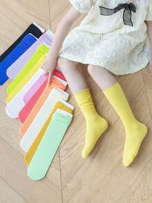 Kids' Socks, Girls' Thin Pile Socks In Candy Colors With Rolled Cuffs, Mid-calf Length - Blue - View 3