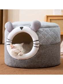 1pc Plush Cartoon Shaped Grey Pet Bed With Two Usage: Bed & Sofa, Removable & Washable, Suitable For Small & Medium-sized Cats, Dogs, Rabbits, Winter, Household Use - Grey - View 1