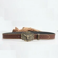 3.7cm Width Western Style Jeans Belt For Men, Explosion-Proof Street, Personalized Buckle, High-End And Vintage Waist Belt - Brown - View 5