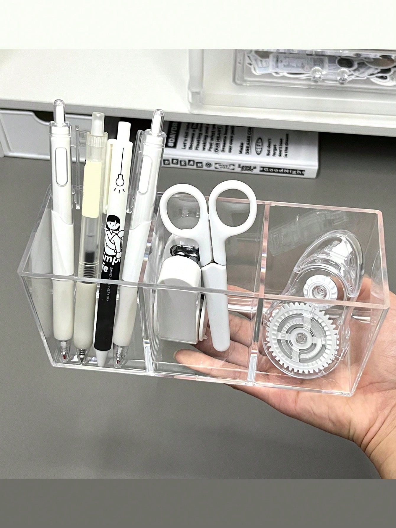 1pc Pen Holder 3 Compartments, Clear Pencil Holder Organizer For Desk