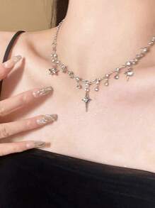 Cross Fringe Necklace Women's Bling Atmosphere Ultra Flashy Zirconia And Unique Design Collarbone Chain - Silver - View 3