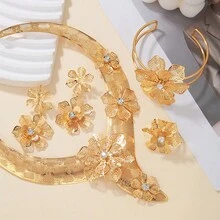 Gold Plated Flower Hollow Jewelry Set Necklace Earrings Bracelet Rings - Style one - View 4