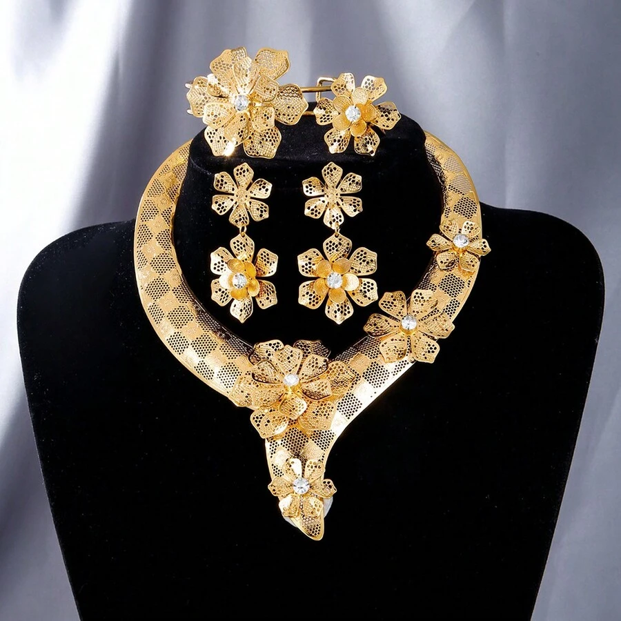 Gold Plated Flower Hollow Jewelry Set Necklace Earrings Bracelet Rings - Style one - View 1
