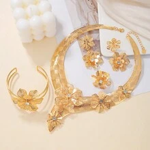 Gold Plated Flower Hollow Jewelry Set Necklace Earrings Bracelet Rings - Style one - View 3