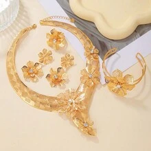 Gold Plated Flower Hollow Jewelry Set Necklace Earrings Bracelet Rings - Style one - View 2