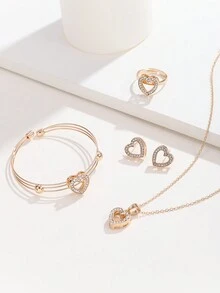 5pcs Heart & Love Shaped Hollow Out Jewelry Set Including Necklace, Earrings, Ring And Bracelet - Yellow Gold - View 3