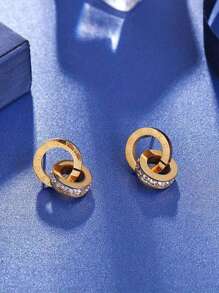 1雙耳環由無鎳鈦鋼製成,中空圓圈設計,羅馬數字圖案和閃閃發亮的裝飾耳釘,優雅性感風格,女性禮物 - 金色 - 查看 6