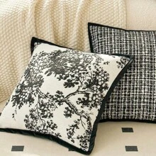 1 Peça Capa De Almofada Chenille Acolchoada Em Estilo Vintage Francês Com Padrão De Flor De Ameixa Em Preto E Branco Para Sofá - Preto e Branco - Ver 6