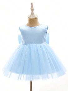Baby Girl Light Blue Mesh Dress With Big Bow, Suitable For Christening, Parties, Birthday - Blue - View 5