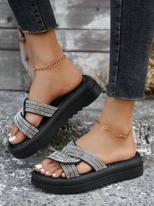 女士新款夏季时尚厚底凉鞋，舒适时尚，露趾一脚蹬设计，适合海滩 - 黑色 - 查看 5