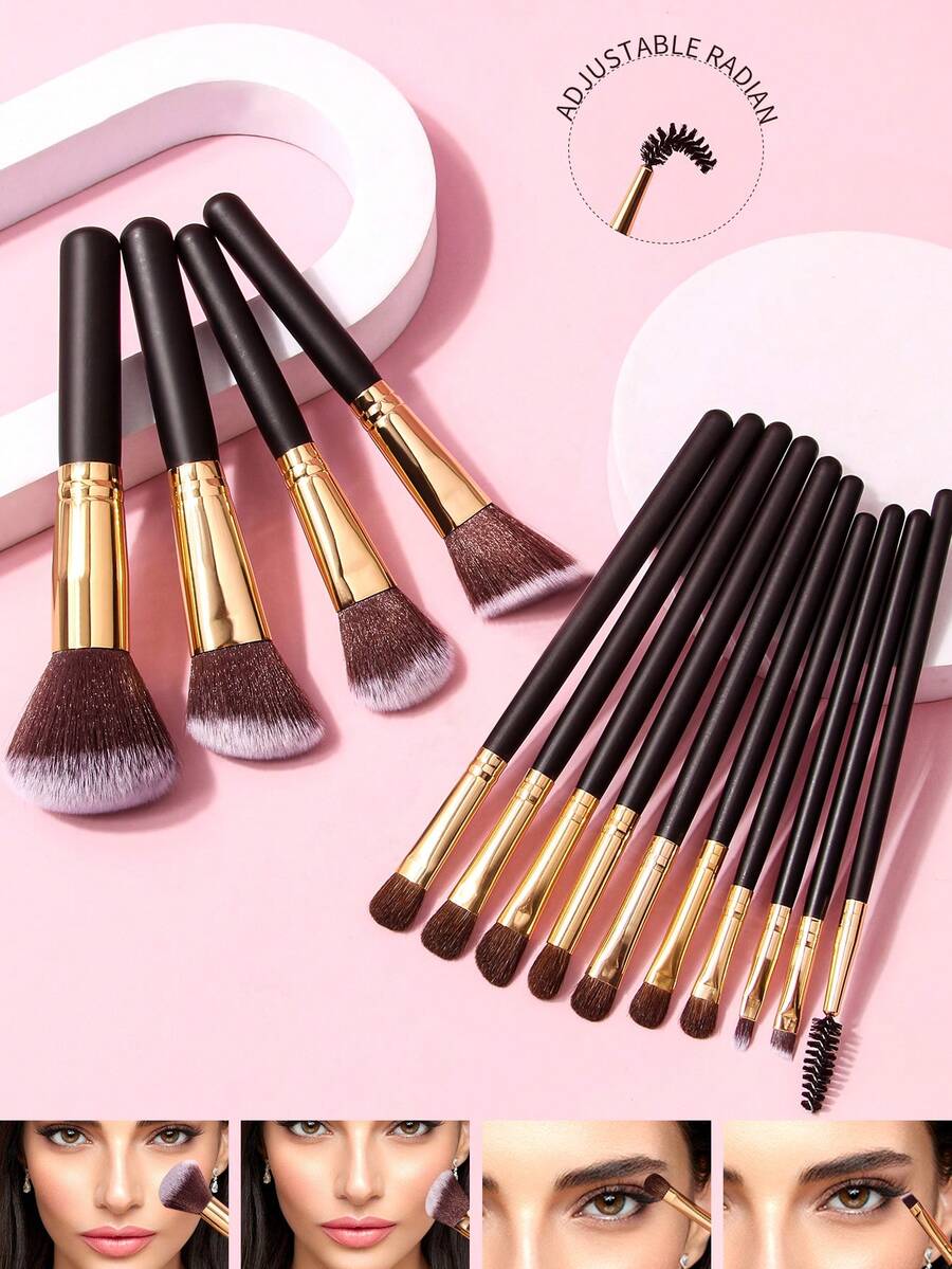14pcs Soft Black Makeup Brush Set, Soft Wooden Handle Powder Brush, Fiber Hair Contour Brush, Goat Hair Eye Makeup Brushes, Beginner Portable Makeup Brush Kit - Multicolor - View 1