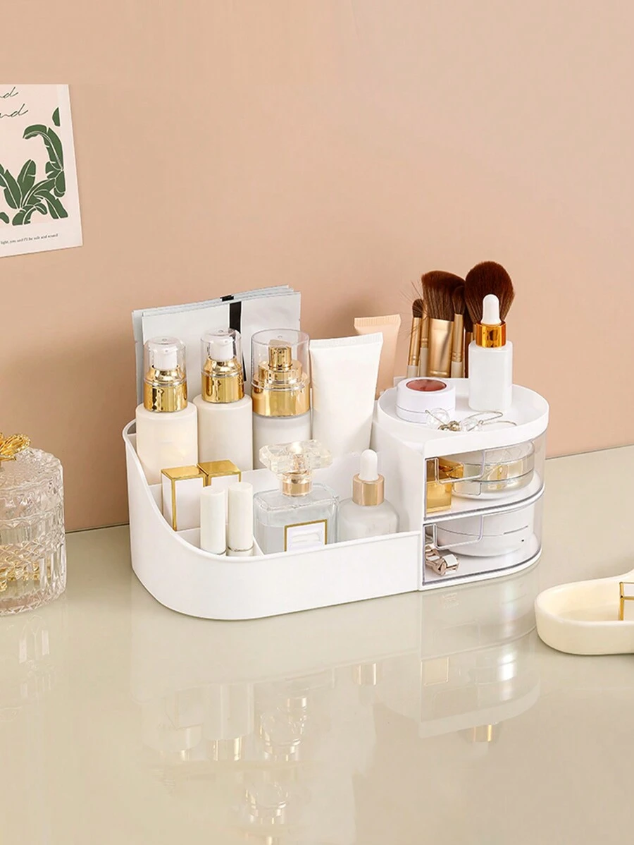 化妆品收纳盒桌面梳妆台收纳架抽屉式护肤品化妆品口红收纳，办公学生文具桌面防尘盒分隔盒 - 白色 - 查看 1