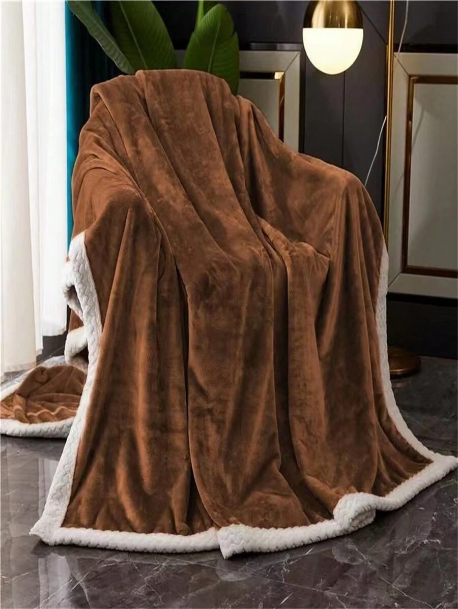 1pc Multi-Functional Portable Bed Travel Nap Sofa Blanket Flannel Coral Fleece Solid Gold Velvet Blanket - Brown - View 1