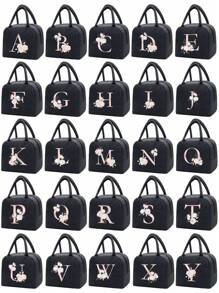 1 pezzo Borsa termica, Borsa termica per il pranzo, Borsa frigo per ragazzi e ragazze, Borsa a mano, Lunch box, Borsa per il ghiaccio, Borsa per il cibo da picnic, Lunch box con motivo floreale e lettera, Borsa per il pranzo in tela leggera e portatile, Borsa per il pranzo per scuola, ufficio, picnic (Nero)