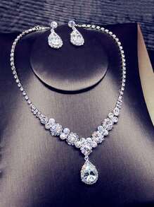 1件美人魚珍珠心形珠寶套裝,法式輕奢鑲鑽心形吊墜項鍊和耳環 - 銀色 - 查看 1