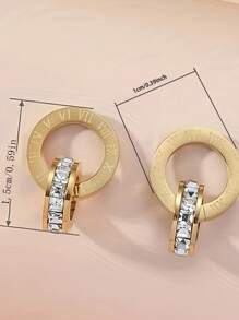 1雙耳環由無鎳鈦鋼製成,中空圓圈設計,羅馬數字圖案和閃閃發亮的裝飾耳釘,優雅性感風格,女性禮物 - 金色 - 查看 5