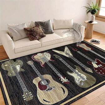 1pc Guitar Music Pattern Crystal Velvet Rug Mat For Living Room, Coffee Table, Anti-slip Washable Foot Door Mat