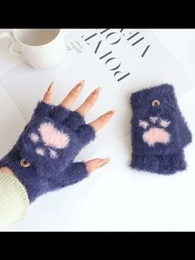 1双幼儿男女通用猫爪爱心图案保暖半指毛绒手套，适合秋冬季户外佩戴 - 藏蓝色 - 查看 4