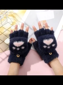 1双幼儿男女通用猫爪爱心图案保暖半指毛绒手套，适合秋冬季户外佩戴 - 藏蓝色 - 查看 1