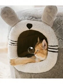 1pc Plush Cartoon Shaped Grey Pet Bed With Two Usage: Bed & Sofa, Removable & Washable, Suitable For Small & Medium-sized Cats, Dogs, Rabbits, Winter, Household Use - Grey - View 8