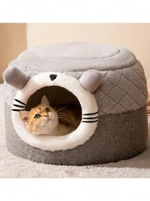 1pc Plush Cartoon Shaped Grey Pet Bed With Two Usage: Bed & Sofa, Removable & Washable, Suitable For Small & Medium-sized Cats, Dogs, Rabbits, Winter, Household Use - Grey - View 6