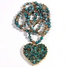 1條波西米亞風格的6mm帝王藍色玻璃石項鍊碎石心形吊墜毛衣鍊,適合女性日常穿著 - 藍色 - 查看 3