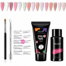 XEIJAYI 5pcs/Set Poly Nail Gel Kit Starter Kit, Builder Nail Gel Nail Extension Kit With Everything, All Seasons Poly Nail Gel Polish Kit With Nail Forms Nail File Manicure Tools For Beginners - Nude - View 3