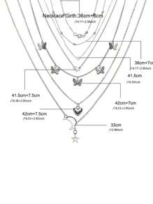 6入組時尚頸鍊配月亮、人造珍珠、心形和蝴蝶吊墜 - 銀色 - 查看 4