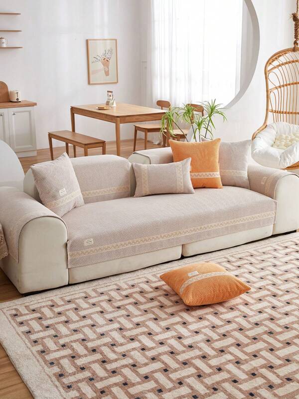 1pc Universal Velvet Anti-Slip Sofa Cushion With Lace Decoration, Nordic Minimalist Style Couch Seat Cover For Home Decor, Four Seasons
