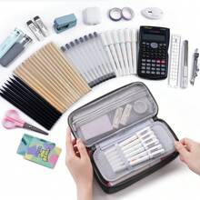 Large Pencil Case,Pencil Pouch With Zipper Compartments,Aesthetic Pencil Case For Adults,Stationery Pouch Pen Case For Office,Suitable For Junior High School Primary School Boys And Girls College Student - 深灰色 - 查看 4